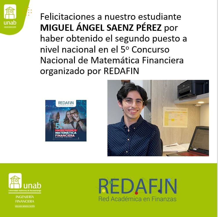 Estudiante UNAB ocupa el segundo puesto en el V Concurso Nacional de Matemáticas Financiera